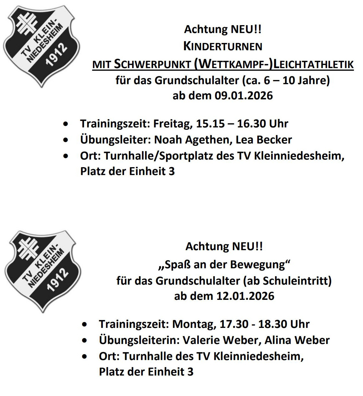 Zwei neue Kindertunr-Anbegote beim TV Kleinniedesheim